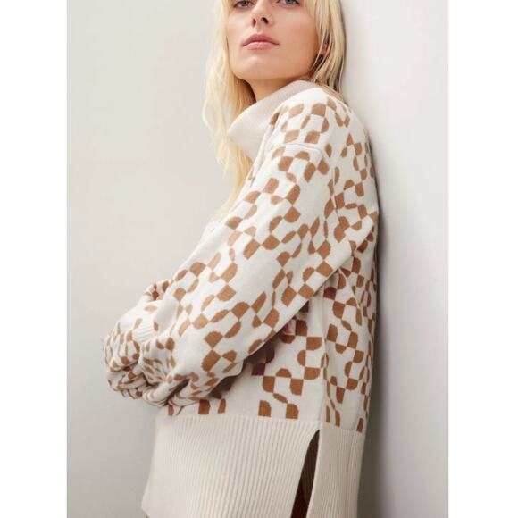 Jonathan Simkhai Brown White Turtleneck Logo Sweater XS Soft Wool Oversized $400 - Picture 3 of 11